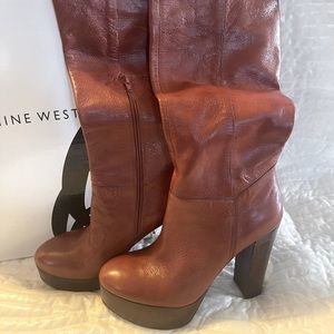 Brown knee high side zip boot